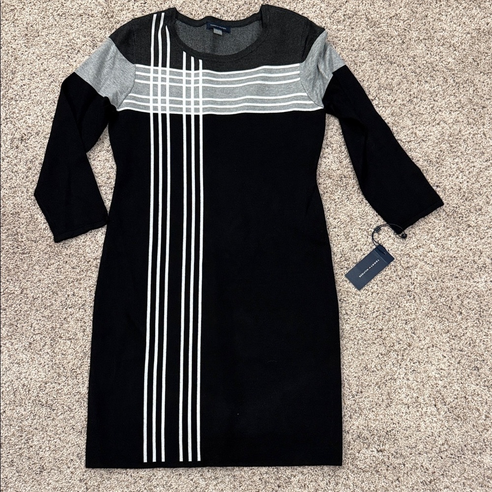 Tommy Hilfiger NEW Elegant Black and Gray Striped Dress